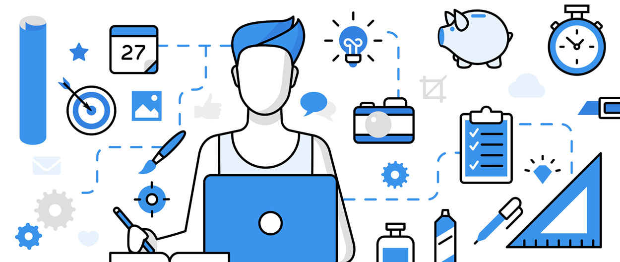 Linear flat CREATIVE SKILLS infographics template and icons website hero image vector illustration. Graphic and web design concept.